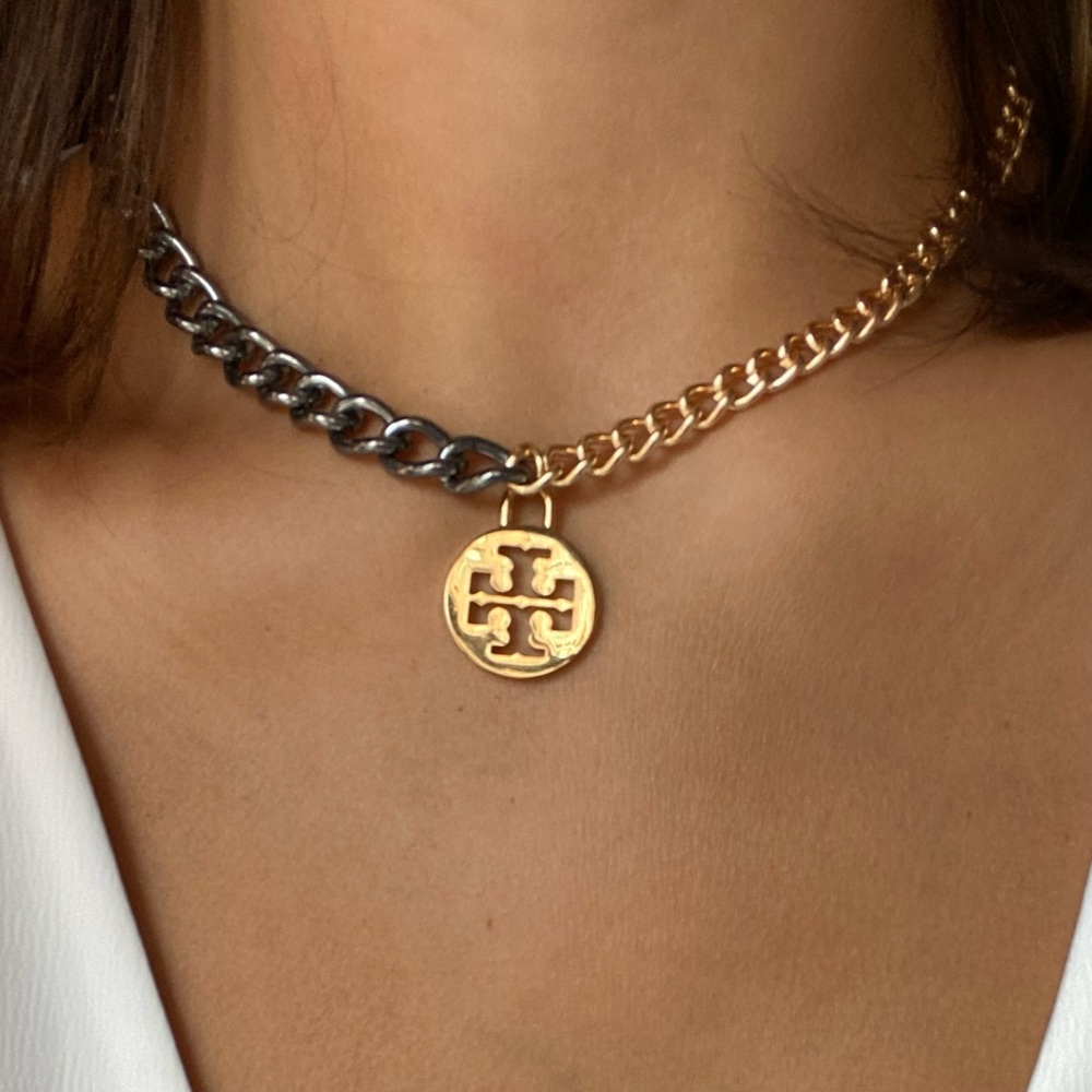 Repurposed Tory Burch Charm Necklace with Curb Chain